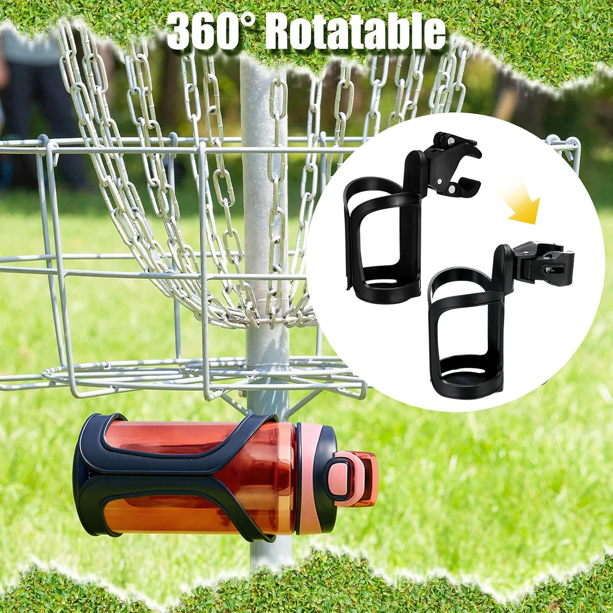 Disc Golf Cart Cup Holder, Super Large Capacity Fits up to a 40Oz Bottle, Universal Disc Golf Push Cart Clip on Drink Holder Accessories Compatible with All Push Carts