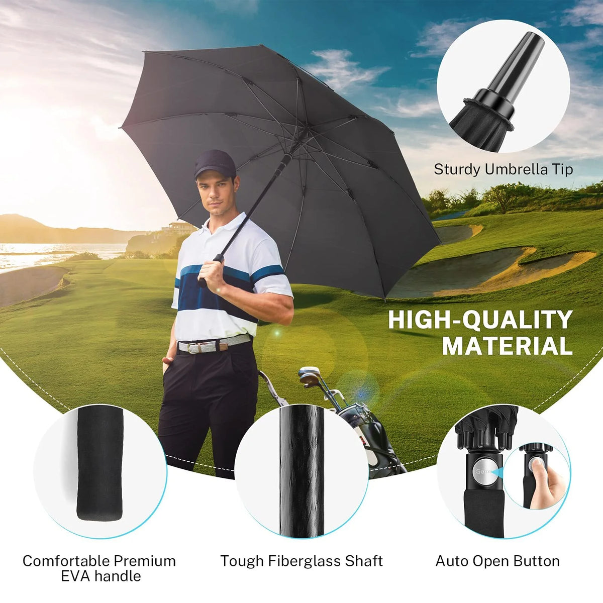 62 Inch Automatic Open Golf Umbrella, Extra Large Vented Stick Umbrellas with Windproof Double Canopy