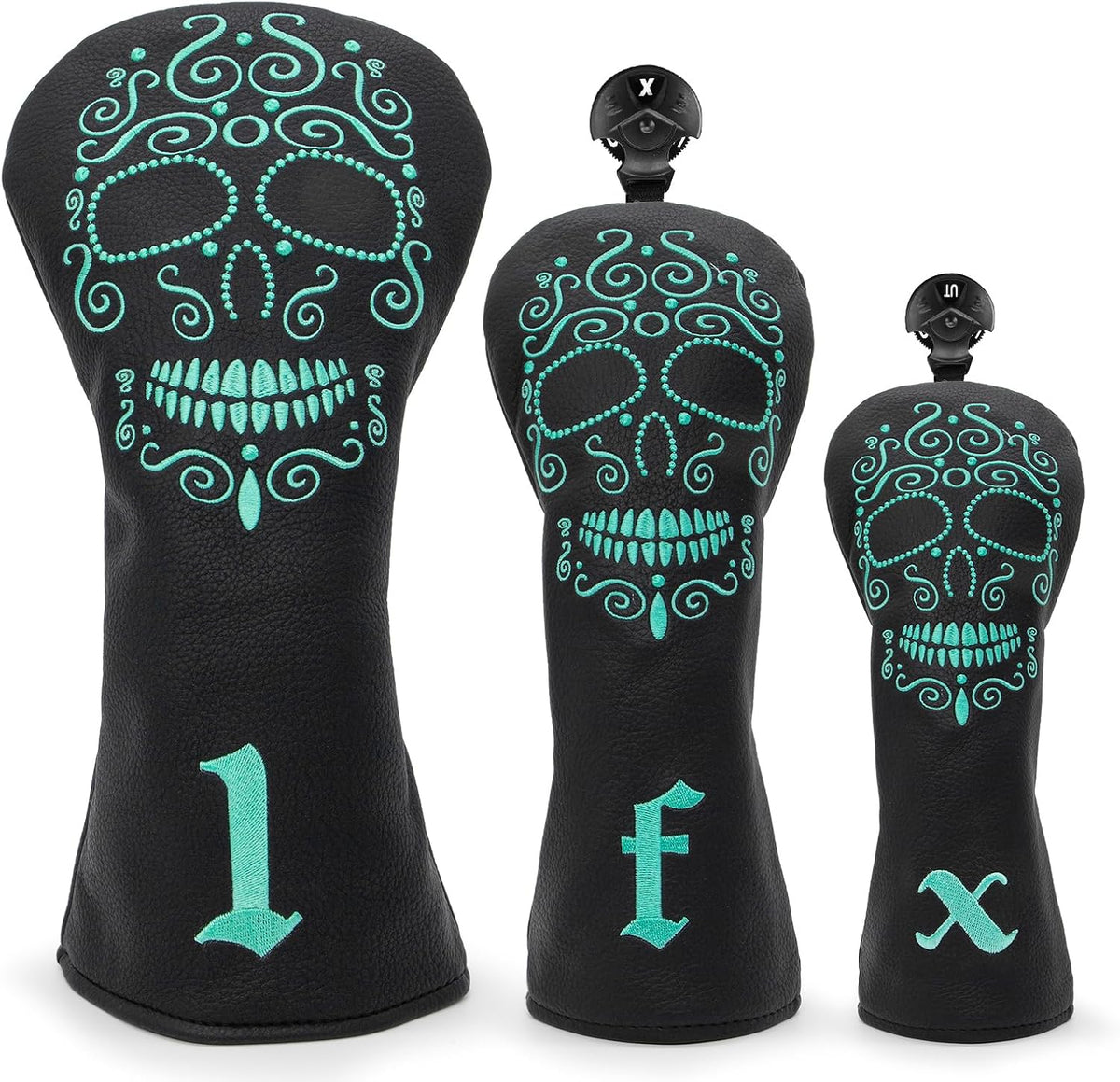 Black Golf Club Covers Skull Embroidery Driver Headcover Fairway 3 Wood Headcover Hybrid Headcover for Your Selection Fits for All Brands