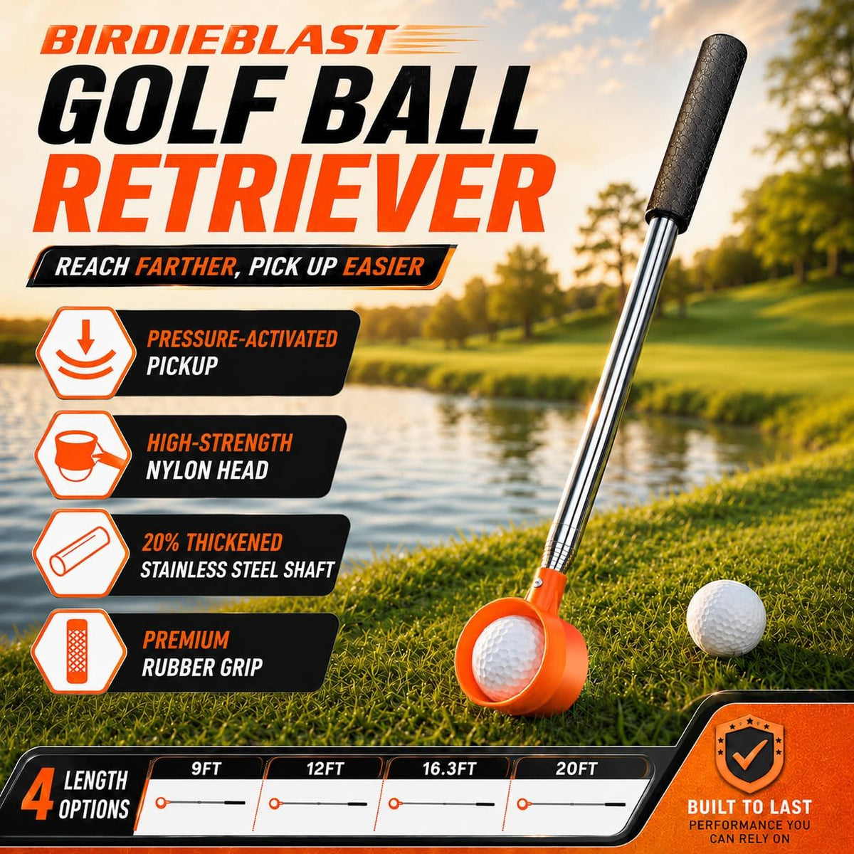 Golf Ball Retriever Telescopic for Water, 9Ft/12Ft/9.01Ft/16.3Ft/20Ft Stainless Steel Golf Ball Retriever, Professional Golf Ball Retriever
