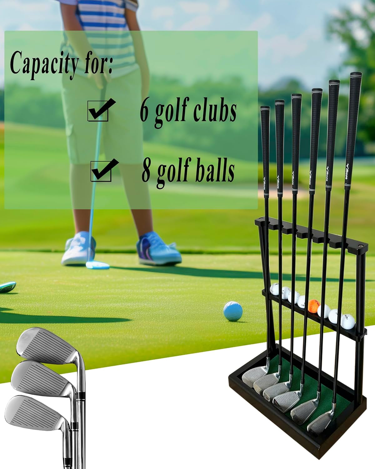 Golf Club Rack Stand, Solid Wood Golf Club & Putter Display Rack, Golf Club Organizer Holds up to 6 Clubs with Ball Storage, Floor Rack for Indoor Golf Simulator, Office or Home