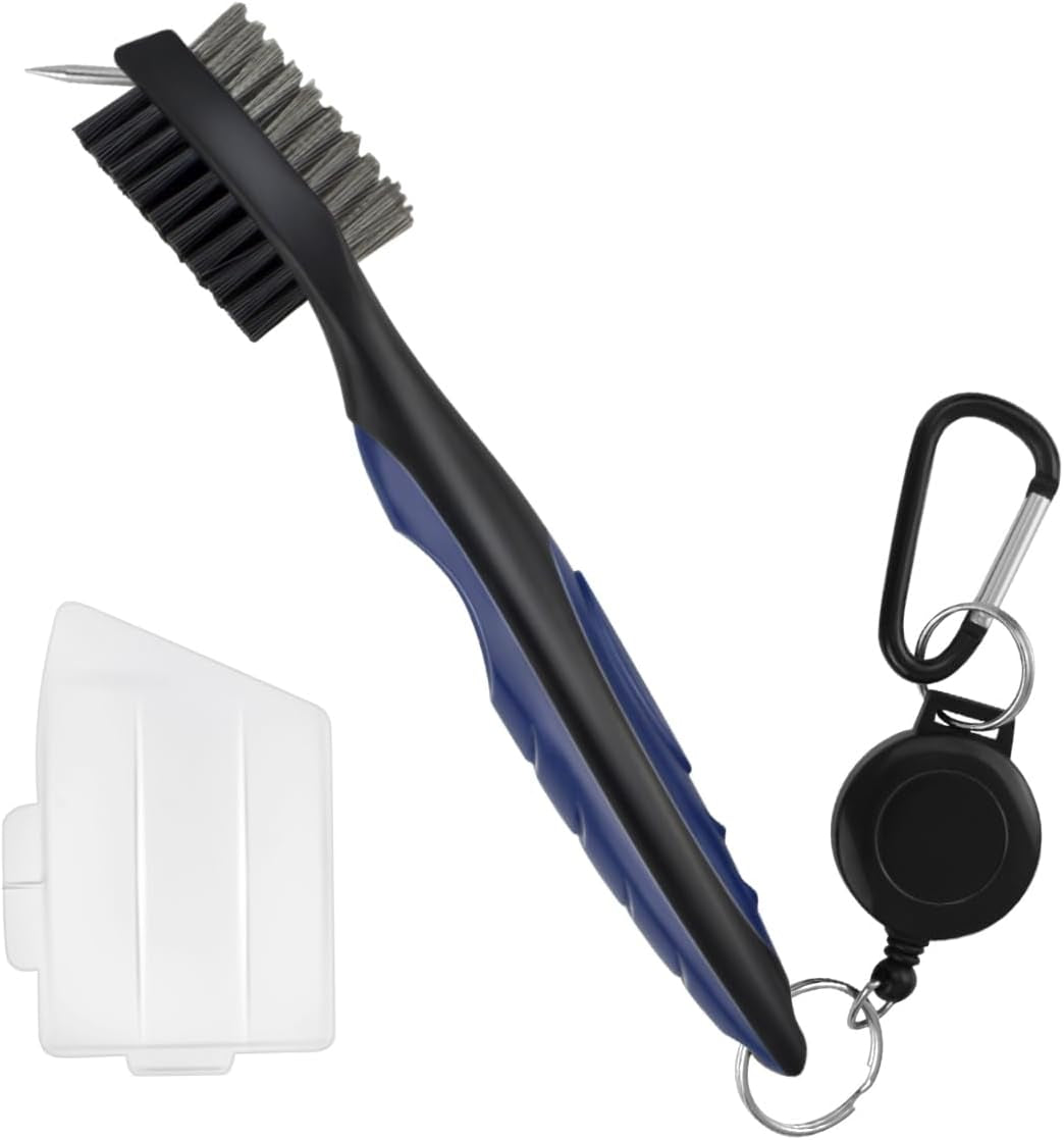 Golf Club Brush and Groove Cleaner Retractable Zip-Line Golf Cleaning Tool Golf Club Brushes with Aluminum Carabiner Oversized Head Spike Non-Slip Handle Grip Golf Club Cleaner Golf Bag Brush Tools