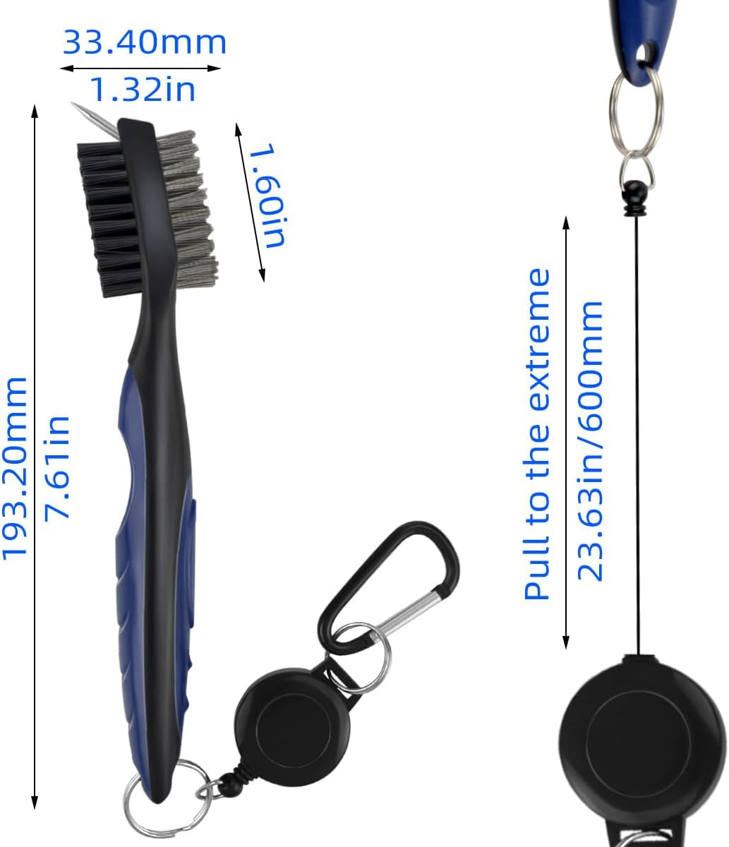 Golf Club Brush and Groove Cleaner Retractable Zip-Line Golf Cleaning Tool Golf Club Brushes with Aluminum Carabiner Oversized Head Spike Non-Slip Handle Grip Golf Club Cleaner Golf Bag Brush Tools