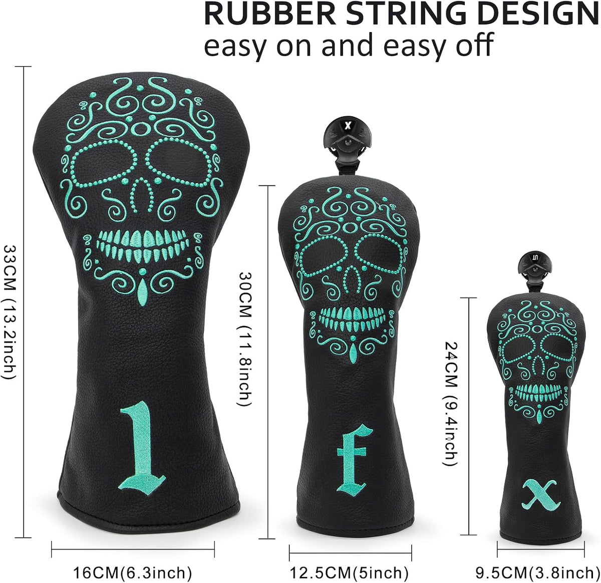 Black Golf Club Covers Skull Embroidery Driver Headcover Fairway 3 Wood Headcover Hybrid Headcover for Your Selection Fits for All Brands