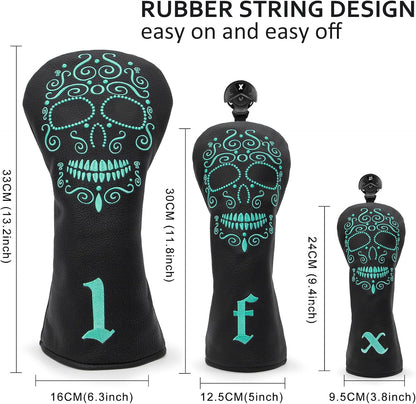 Black Golf Club Covers Skull Embroidery Driver Headcover Fairway 3 Wood Headcover Hybrid Headcover for Your Selection Fits for All Brands