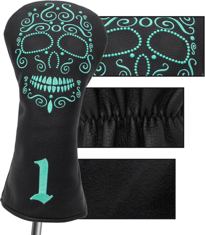 Black Golf Club Covers Skull Embroidery Driver Headcover Fairway 3 Wood Headcover Hybrid Headcover for Your Selection Fits for All Brands