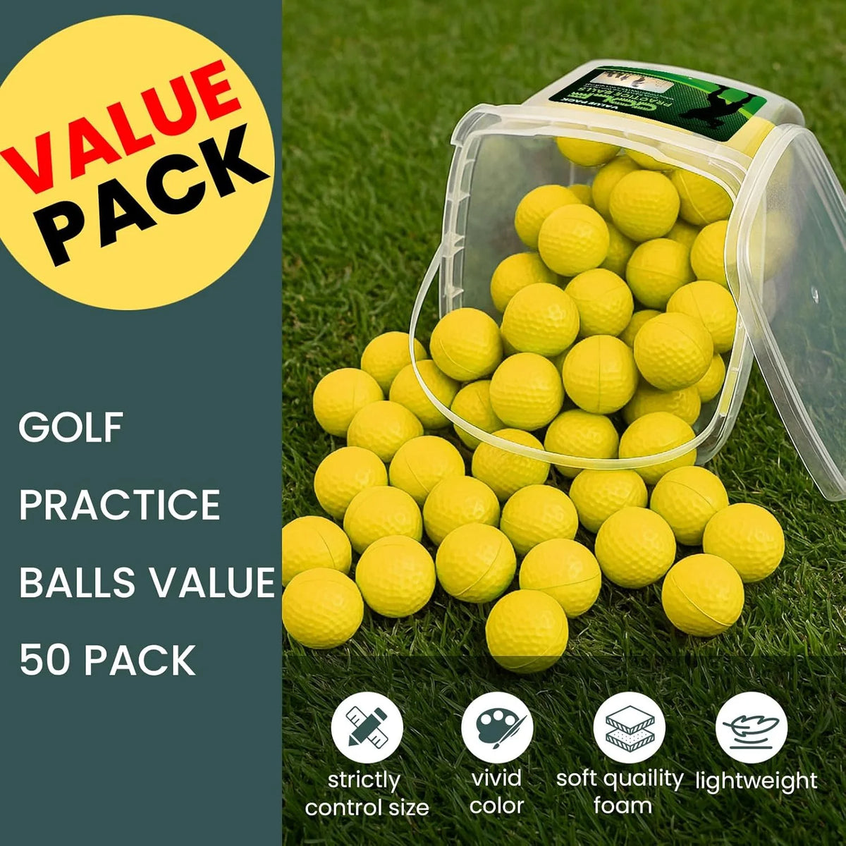 Golf Practice Balls with Bucket Value 50 Pack, Soft Foam with Limited Flight for Safe Practice