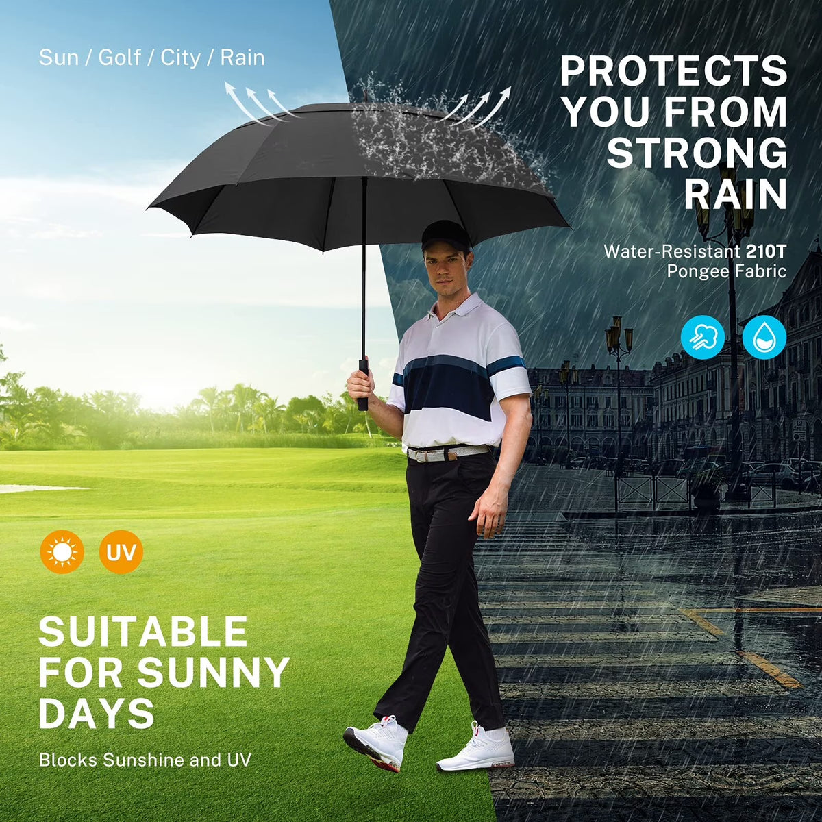 62 Inch Automatic Open Golf Umbrella, Extra Large Vented Stick Umbrellas with Windproof Double Canopy