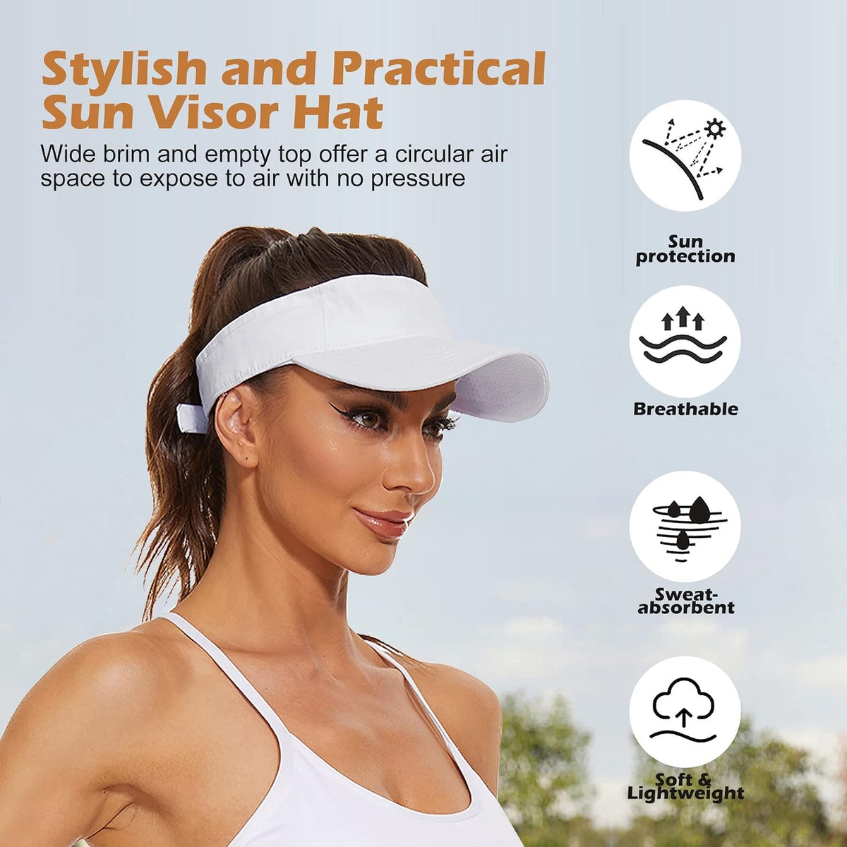 3.2" Structured Brim Visor Hats for Women, UPF 50+, Golf/Tennis | 3.2"Structured Brim Adds Sun Coverage, Steady View, Quick-Dry Sweatband, Open-Top Ponytail Fit, Adjustable Fit & Lightweight