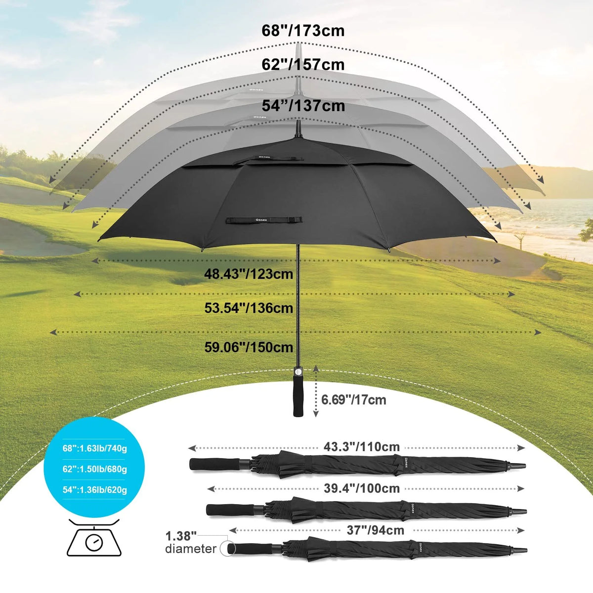 62 Inch Automatic Open Golf Umbrella, Extra Large Vented Stick Umbrellas with Windproof Double Canopy