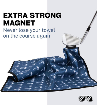 Magnetic Golf Towel with Carabiner Clip & Extra Strong Magnet - 24 X 16 In. Waffle Microfiber Golf Bag Towel - Blue Golf Towels for Golf Bags Women & Men (Blue, Palm Trees)