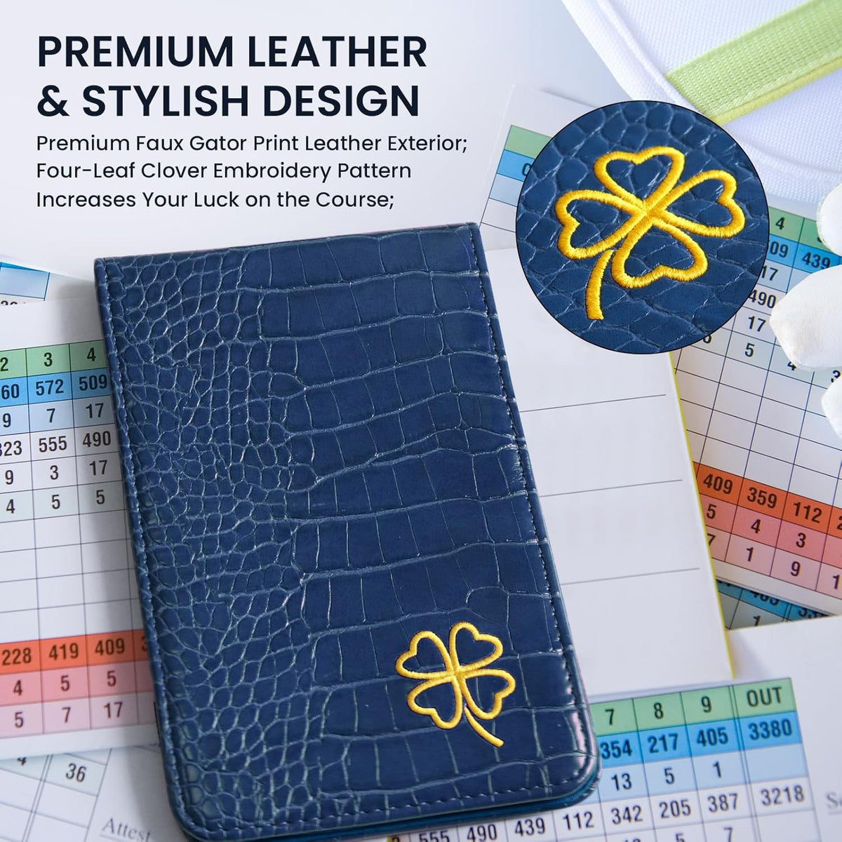 Golf Scorecard Holder PU Leather with 2 Pencils | Durable Yardage Books Cover Protection, Pocket Size Golf Bag Fit, Long Lasting Use, Multiple Stylish Pattern Options