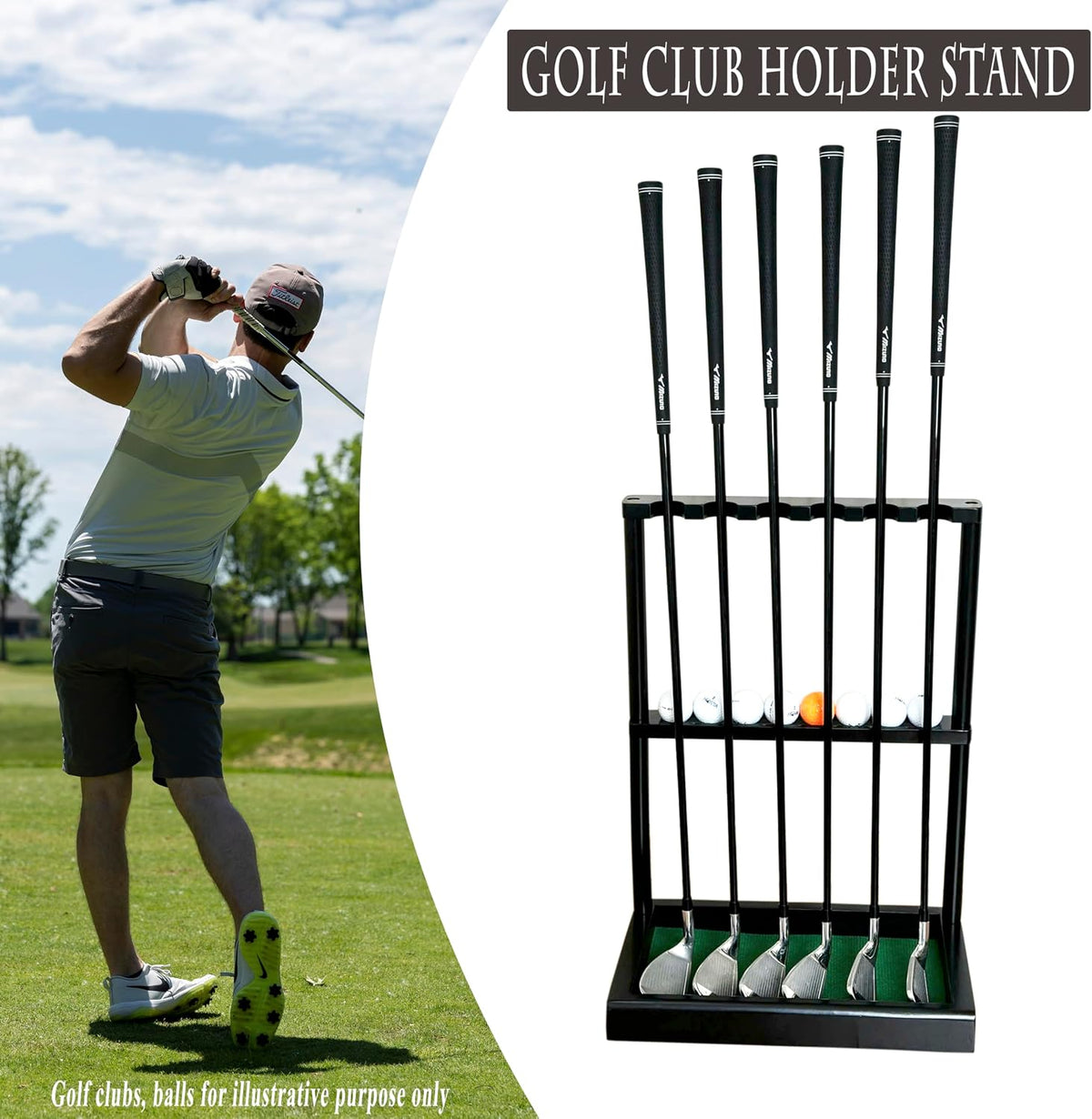 Golf Club Rack Stand, Solid Wood Golf Club & Putter Display Rack, Golf Club Organizer Holds up to 6 Clubs with Ball Storage, Floor Rack for Indoor Golf Simulator, Office or Home