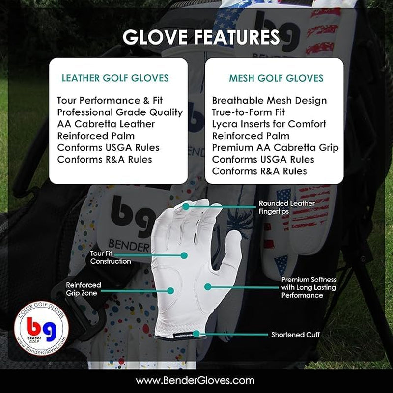 Bender - Mens Golf Glove, Durable Mesh Golf Gloves, Unique Golf Gloves - Right-Hand Glove (Worn on the Right Hand/For Left-Handed Golfers)