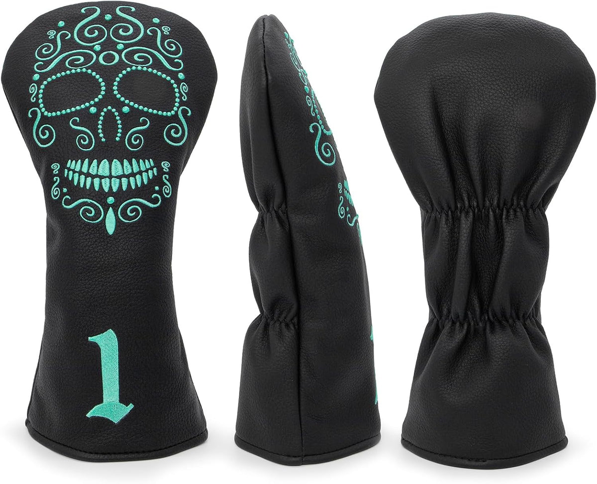 Black Golf Club Covers Skull Embroidery Driver Headcover Fairway 3 Wood Headcover Hybrid Headcover for Your Selection Fits for All Brands