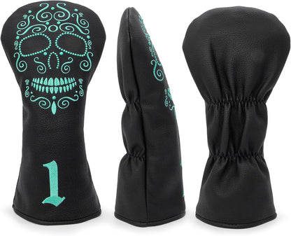 Black Golf Club Covers Skull Embroidery Driver Headcover Fairway 3 Wood Headcover Hybrid Headcover for Your Selection Fits for All Brands