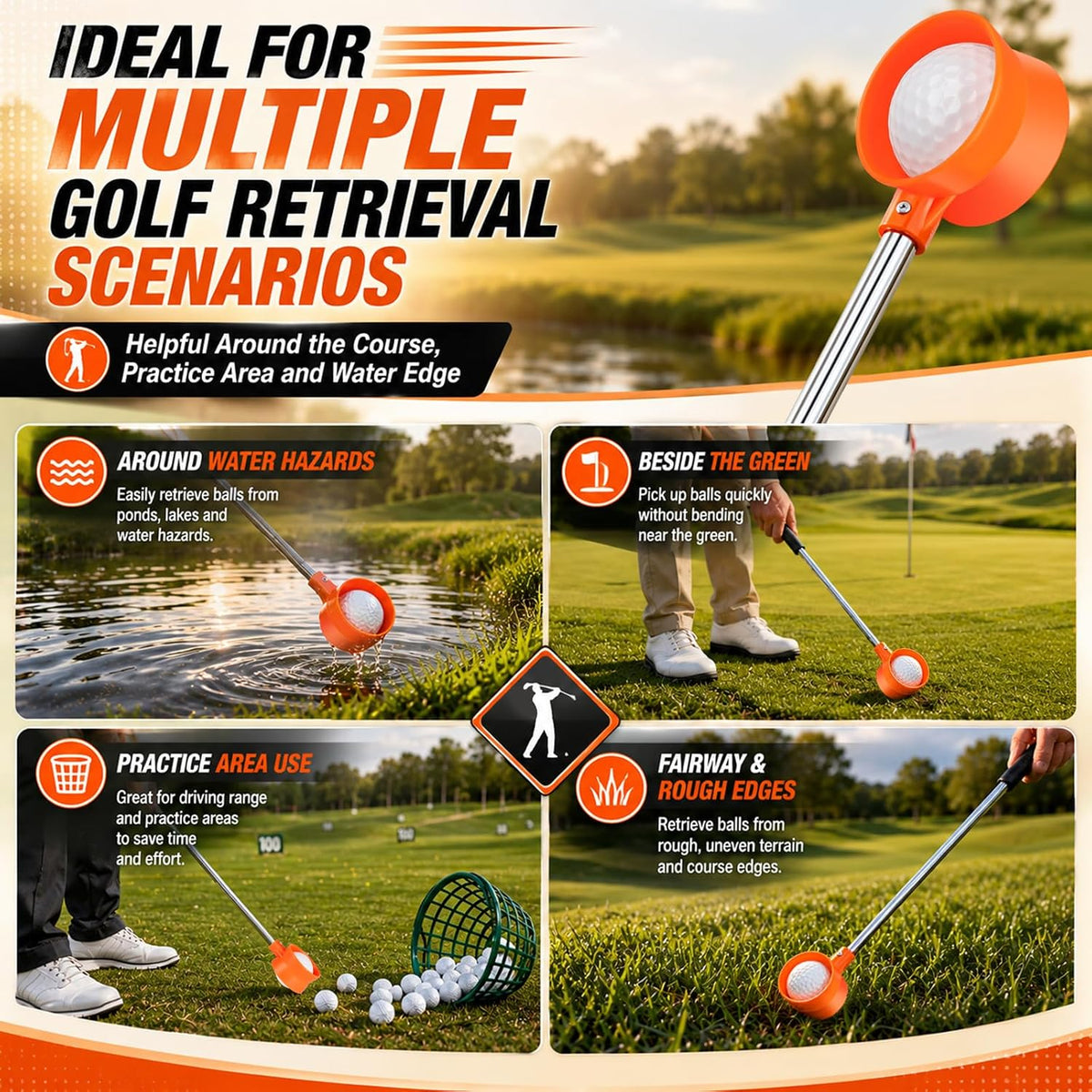 Golf Ball Retriever Telescopic for Water, 9Ft/12Ft/9.01Ft/16.3Ft/20Ft Stainless Steel Golf Ball Retriever, Professional Golf Ball Retriever