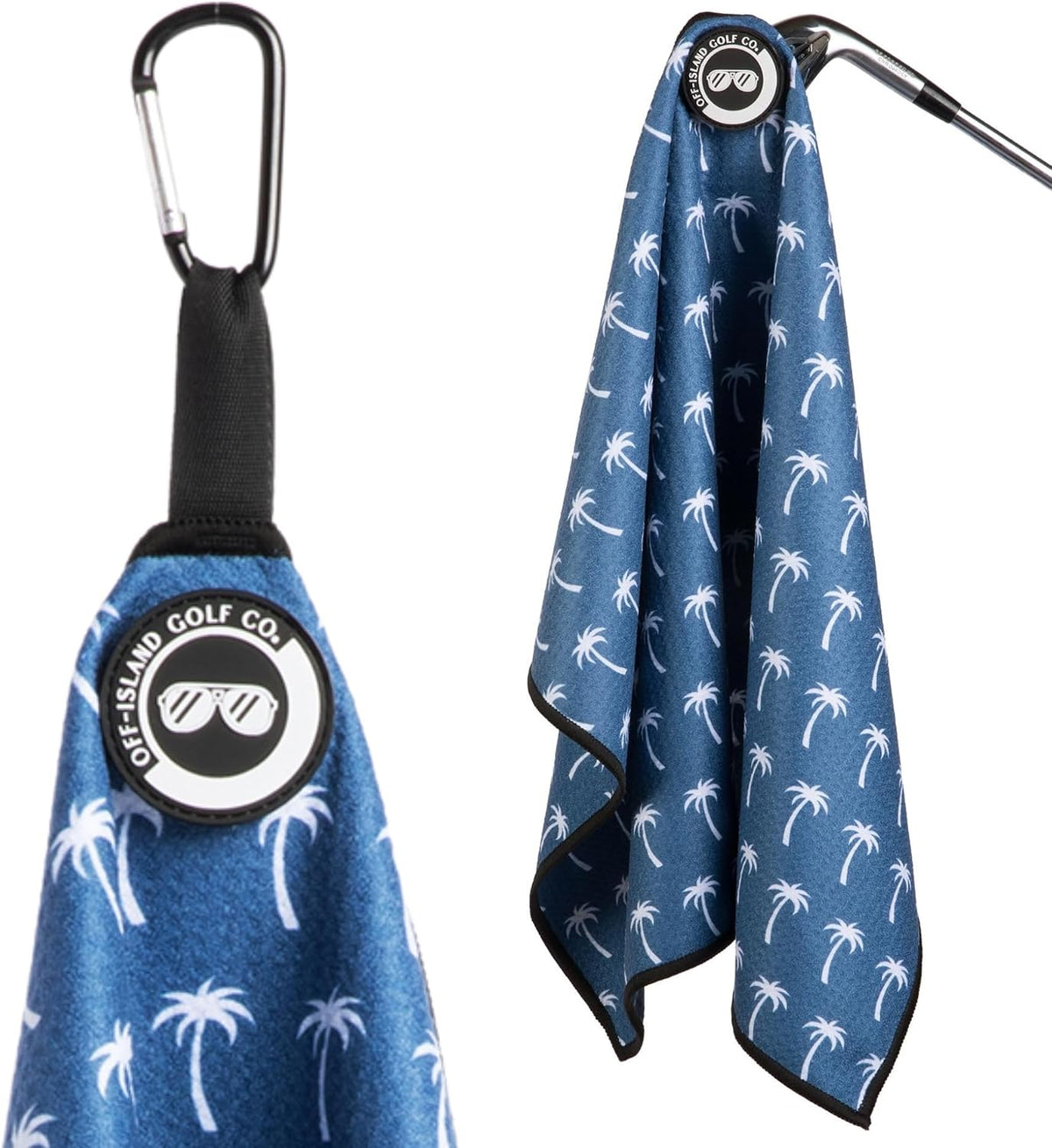 Magnetic Golf Towel with Carabiner Clip & Extra Strong Magnet - 24 X 16 In. Waffle Microfiber Golf Bag Towel - Blue Golf Towels for Golf Bags Women & Men (Blue, Palm Trees)